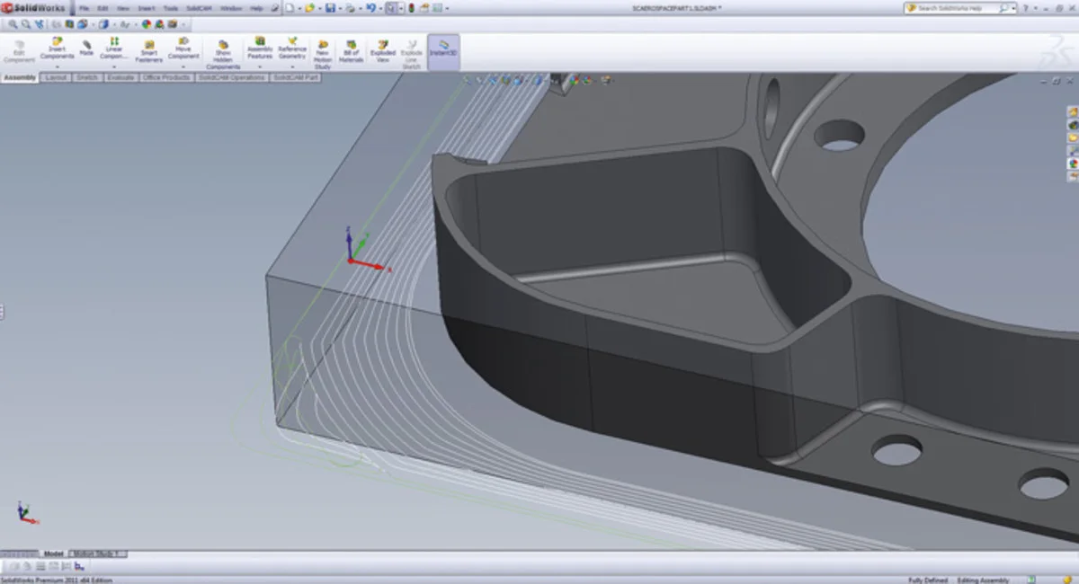SolidCAM CNC toolpath applied directly to a 3D component model